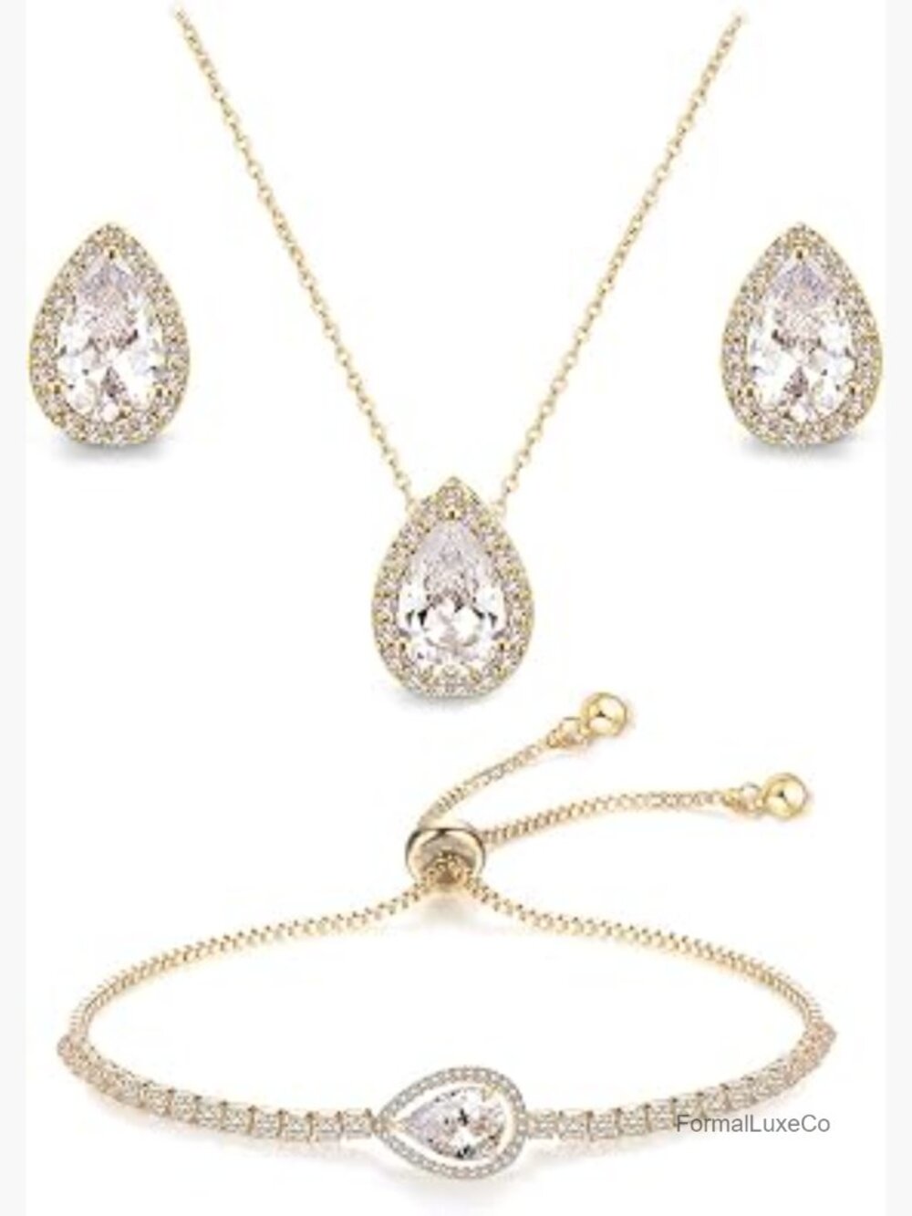 Teardrop Cubic Zirconia Jewelry Set - Necklace, Earrings, Bracelet Bridal Prom